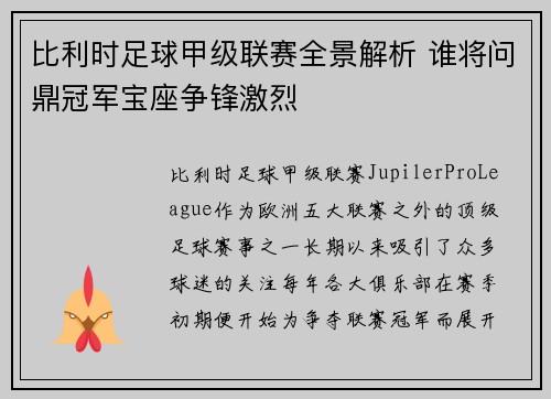 比利时足球甲级联赛全景解析 谁将问鼎冠军宝座争锋激烈